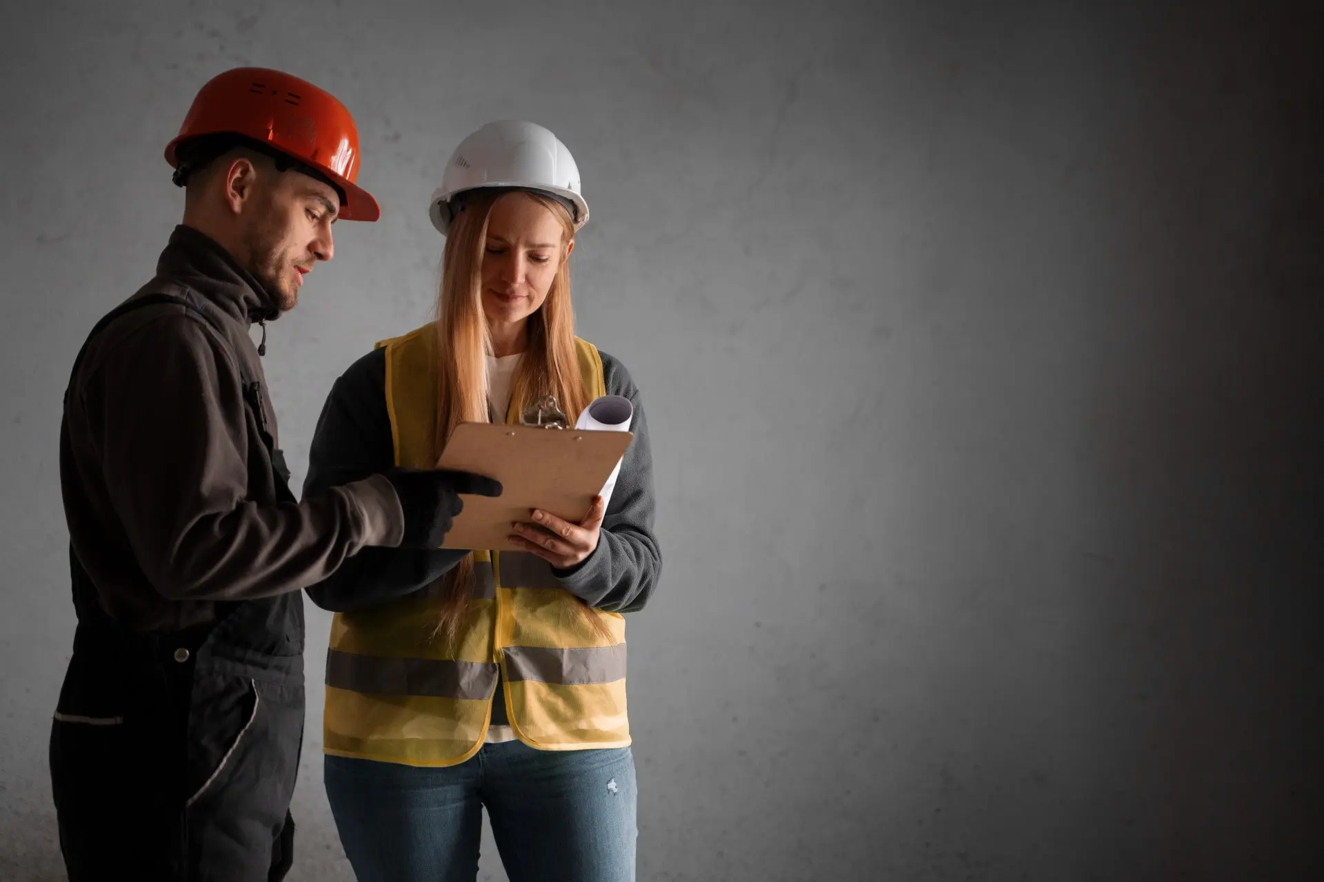 Two inspectors in hard hats reviewing notes on a clipboard